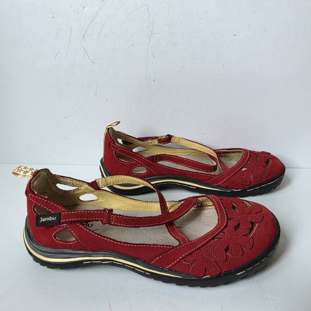 Jambu Mary Jane Flats Womens Sz 8M Red Leather Flower Blossom Encore Memory Foam